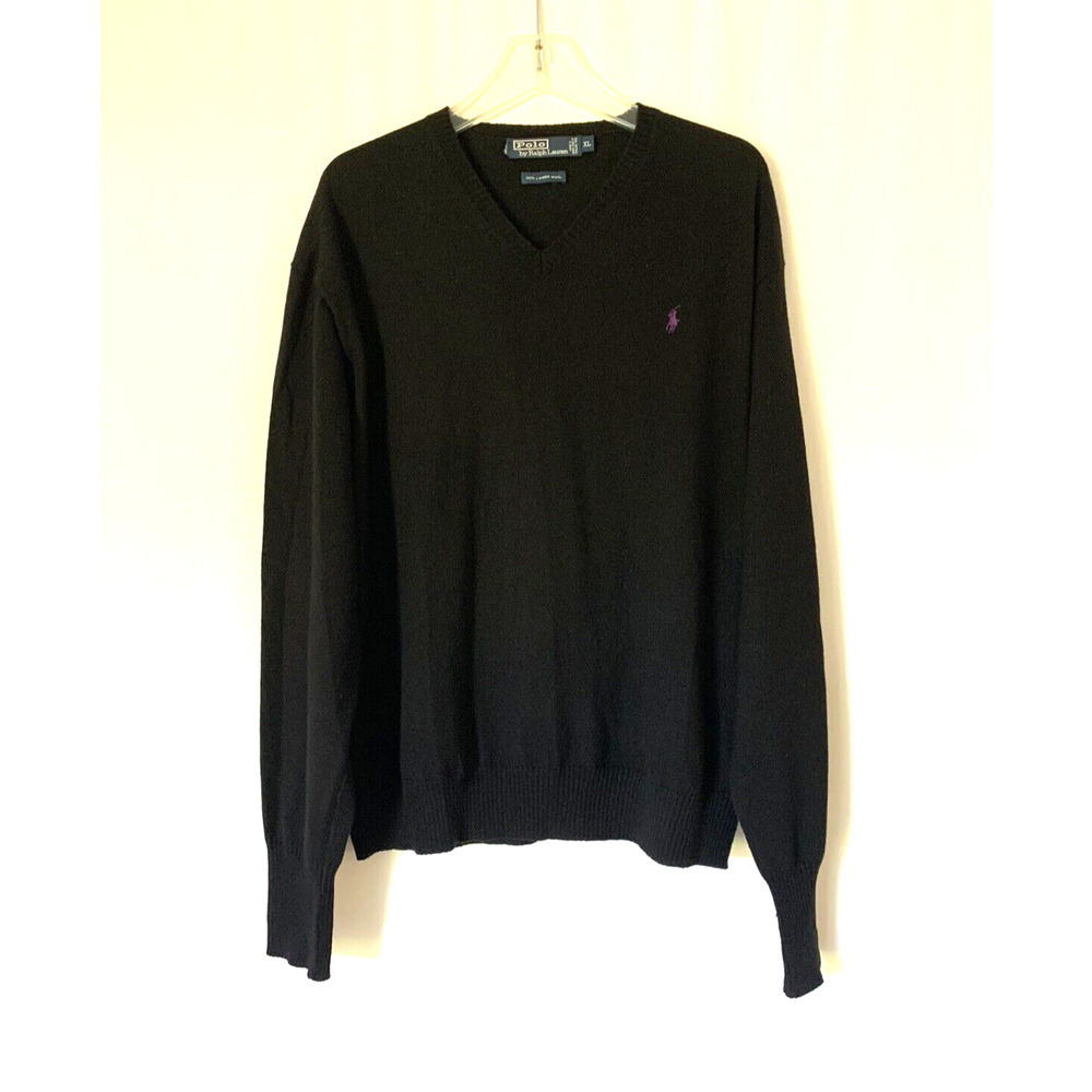 POLO Ralph Lauren Mens Sweater XL Pullover Lambswool Wool Navy Blue Vneck
